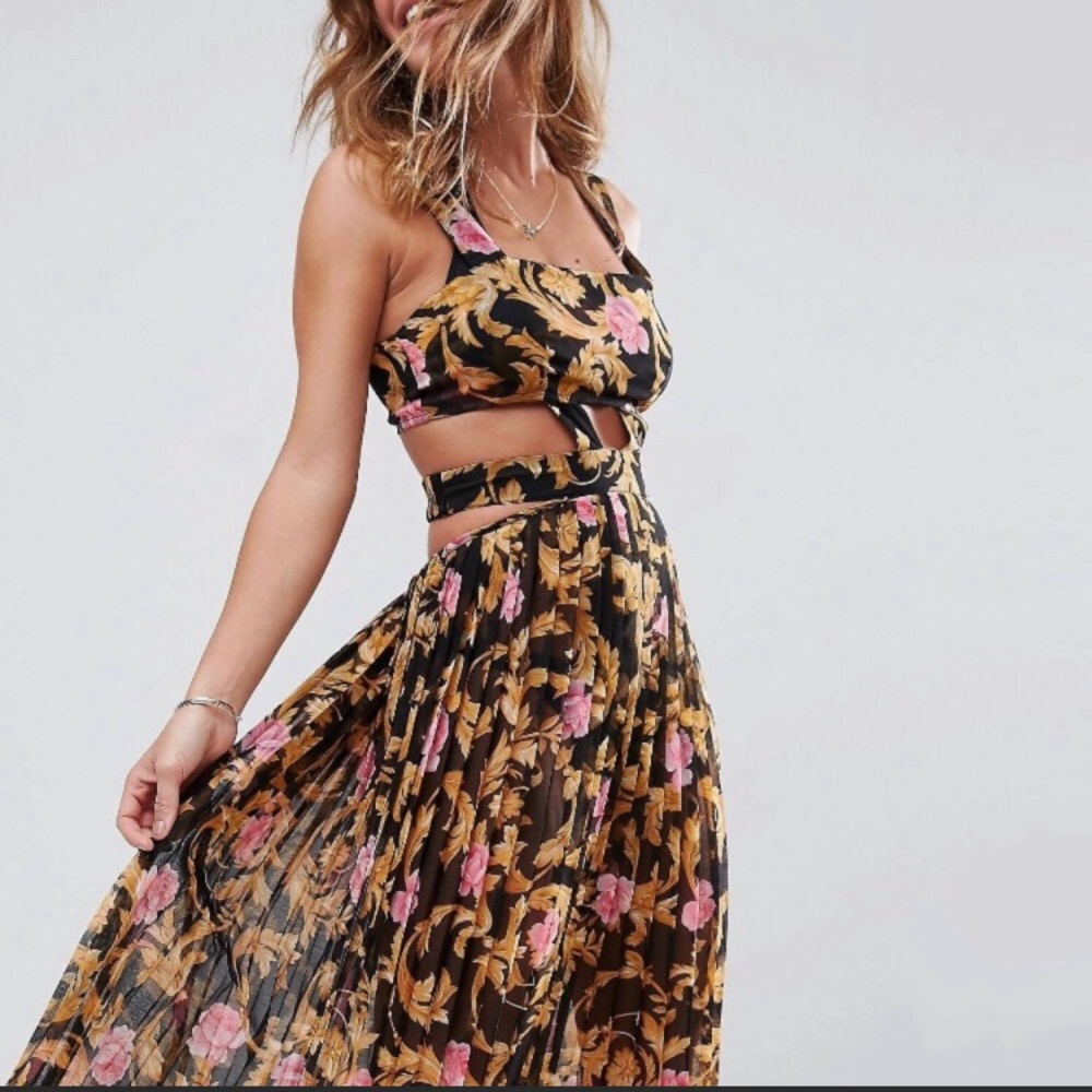 NWT!! ASOS Floral Baroque Pleated Cut-Out Dress